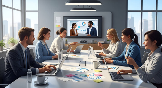 Professional business team collaborating during a video conference in a modern office - Powered by Adobe