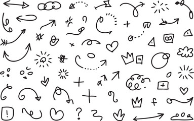 Fototapeta premium Black Hand Drawn Doodle Elements Arrows Hearts Stars