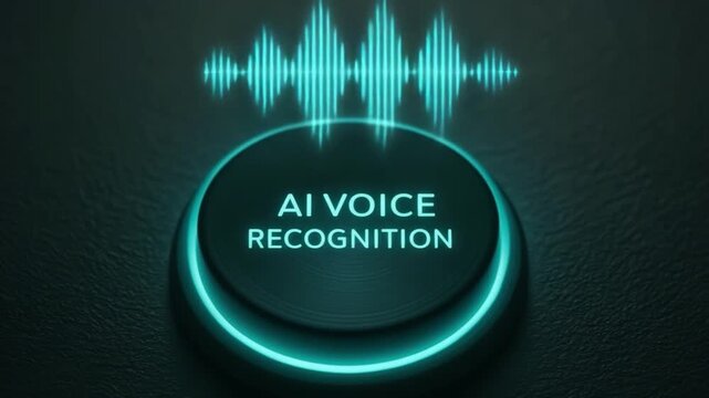 AI voice recognition with glowing light and sound wave digital button for futuristic technology concept featuring speech interface, voice control, and digital assistant integration