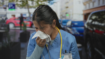 Hispanic woman doctor in uniform with stethoscope appears outdoors on a city street, highlighting the intersection of healthcare and urban life.