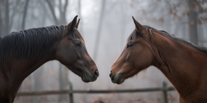 Brown and black horses facing each other nose to nose on snowy field under overcast sky in misty winter landscape. Serene animal connection, peaceful cold season harmony vibe in wild nature.