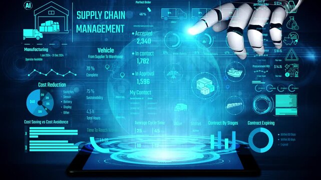 AI controls supply chain systems with virtual assistant monitoring, route optimization, and artificial intelligence for procurement, delivery, and warehouse tracking. Thunk