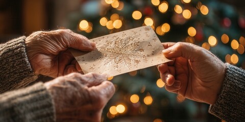 Two pairs of aged hands gently exchange a decorated envelope in front of a lit Christmas tree. A quiet gesture of love, memory, and holiday closeness.