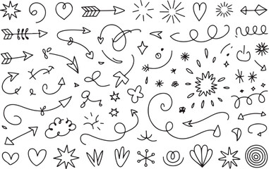 Fototapeta premium Black Hand Drawn Doodle Arrows Hearts Stars Swirls and Shapes