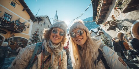 Young people in wool hats and scarves smiling at each other on snowy street in alpine village with wooden chalets and mountains. Romantic winter getaway, cozy joyful holiday vibe in Austrian ski town