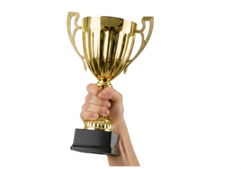 Golden Trophy in Hand Isolated on Transparent Background PNG – Champion Victory Celebration Image