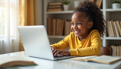 Cheerful girl using laptop for online learning from home, smiling. Online learning includes participation, interaction, and engagement, making it effective for kids.