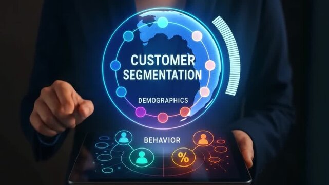 Customer segmentation with demographics and behavior data analysis displayed digital tablet for business marketing strategy, technology, and targeted audience growth using digital data visualization