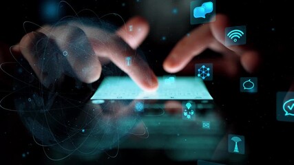 Conceptual image showcasing hands interacting with digital icons representing global connectivity and communication in a tech-driven environment. Xenic - Powered by Adobe