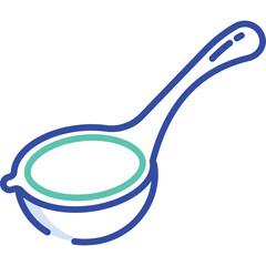 Simple Line Art Illustration of a Ladle With a Circular Rim in Blue and Teal Accents on a...