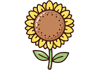 Cartoon sunflower with yellow petals and green leaves on light blue background for floral concept