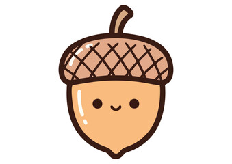 Cute cartoon acorn character illustration with a happy face and green leaf
