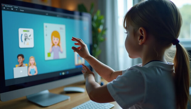 Young girl uses computer to communicate with friends online, showing social interaction. Digital social interaction keeps relationships alive even when people are apart, promoting positive relations.