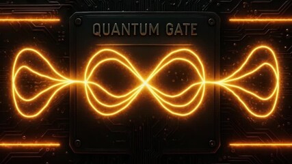 Quantum gate glowing orange infinity loop and wave pattern with neon light trails on dark circuit board, futuristic technology circuit design showcasing digital energy flow and innovation - Powered by Adobe