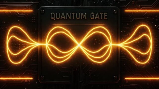 Quantum gate glowing orange infinity loop and wave pattern with neon light trails on dark circuit board, futuristic technology circuit design showcasing digital energy flow and innovation