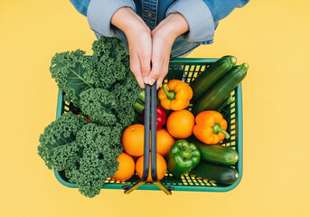 Fresh produce for a healthy lifestyle in a vibrant green basket overflowing with kale, oranges, peppers, and zucchini on a sunny yellow background