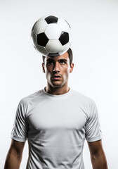 Focused soccer player balancing ball on head, showcasing skill and determination in a studio shot for sports marketing and athletic achievement concepts