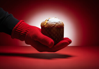 Festive panettone held in red gloved hand against a vibrant backdrop, perfect for holiday promotions and cozy winter celebrations