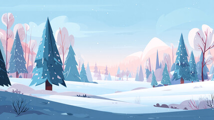 雪が舞う針葉樹の森と山並みの冬景色イラスト背景
