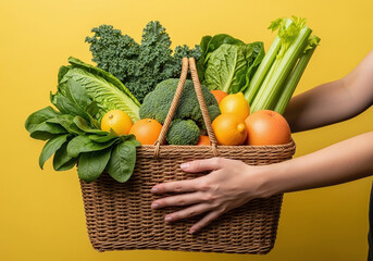 Healthy Eating with Fresh Fruits and Vegetables in a Woven Basket, Vibrant Yellow Background for Wellness and Nutrition Concepts, Farm Fresh Produce
