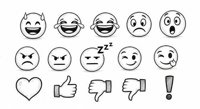 Collection of hand drawn emoji icons showing various expressions and hand gestures in black and white style created with generated ai