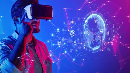 A young man engages with a virtual reality headset, immersed in a vibrant digital landscape filled with global connections, symbolizing technological advancement and exploration. Raster - Powered by Adobe