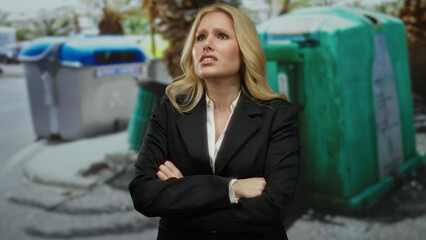 Woman in black suit stands frustrated in urban area near recycling bins, symbolizing environmental awareness and professional stress in a city setting.