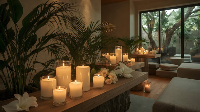 A serene spa setting with several aromatic candles of varying sizes and shapes, their soft warm glow casting a relaxing ambiance on the surrounding space, the candles placed on a sleek wooden table