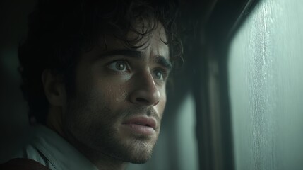 Young man with worried expression gazes out of a moisture-covered window during dark travel