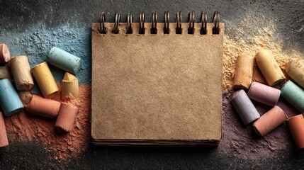 Spiral bound blank notebook rests centered between piles of colorful pastel sticks on a dark textured surface