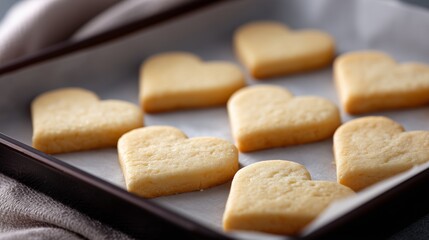 Simple, heart-shaped shortbread cookies resting on baking paper in a dark tray, ready for decorating or serving.