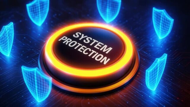 System protection button glowing with digital shield surrounding it, symbolizing cybersecurity, data safety, and advanced technology for ultimate protection in glowing digital environment