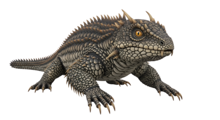 Fierce scaly reptilian creature with sharp spikes, yellow eyes, 3d
