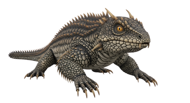 Fierce scaly reptilian creature with sharp spikes, yellow eyes, 3d