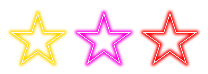 Neon star frames isolated on transparent background. Gradient purple yellow red glowing borders. Bright vibrant neon light effect. Shining star icon set, vector PNG element for design