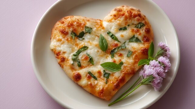 A single slice of baked heart-shaped pizza on a wooden plate, featuring melted cheese and a rustic pink background.