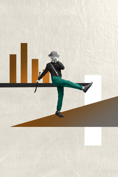 Fototapeta Creative 3d artwork pop banner collage of happy businessman stand chart development statistics dance progress opportunity