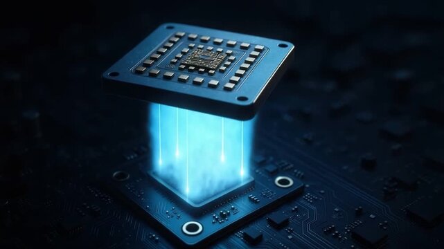 Microchip circuit board glowing blue light technology electronic digital futuristic computer hardware innovation microprocessor data transfer electronic component motherboard processor design concept