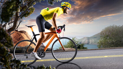 Cycling. A captivating shot of a helmeted biker riding along an asphalt road, demonstrating the freedom and excitement of road riding. Cycling competitions. Active recreation. Sport.