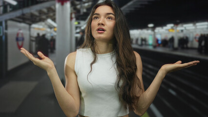 Woman holds both open palms in a pondering gesture at a crowded underground train station platform near tracks; confusion.