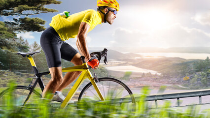 Cycling. A captivating shot of a helmeted biker riding along an asphalt road, demonstrating the freedom and excitement of road riding. Cycling competitions. Active recreation. Sport.