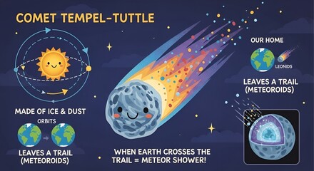 Naklejka premium Comet Tempel-Tuttle Educational Infographic Explaining Leonid Meteor Shower for Children