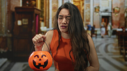 Young hispanic woman wearing orange top holds a pumpkin bucket while pressing her hand on her belly in a church; discomfort.