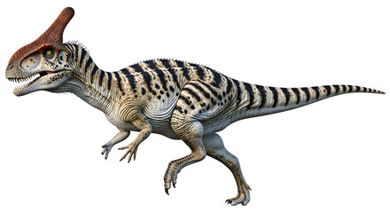 Fototapeta premium Vividly rendered bipedal dinosaur with striped hide and crest