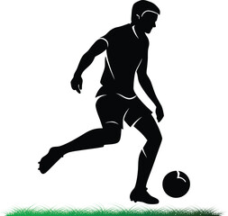 Naklejka premium Soccer player kicking ball silhouette on grass field illustration