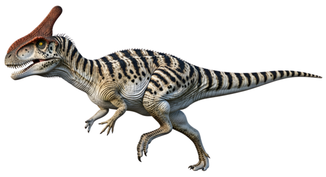Vividly rendered bipedal dinosaur with striped hide and crest