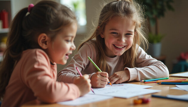 Two little sisters are drawing, enjoying children drawing together, creating art side by side. These adorable children drawing and sketching in their living room shows their love for art,
