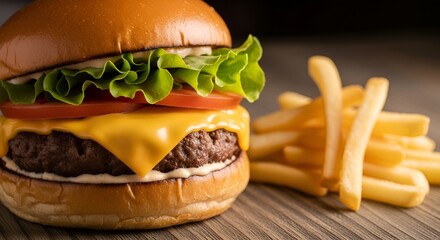 Delicious cheeseburger with fresh ingredients and crispy french fries close up