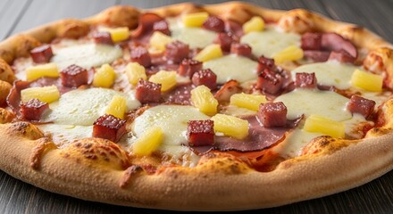 Delicious Hawaiian pizza with ham, pineapple, mozzarella cheese and tomato sauce