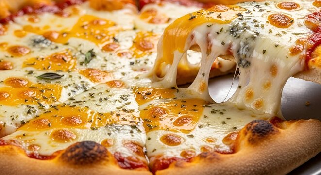Delicious fresh pizza with a generous cheese pull showcasing culinary perfection
